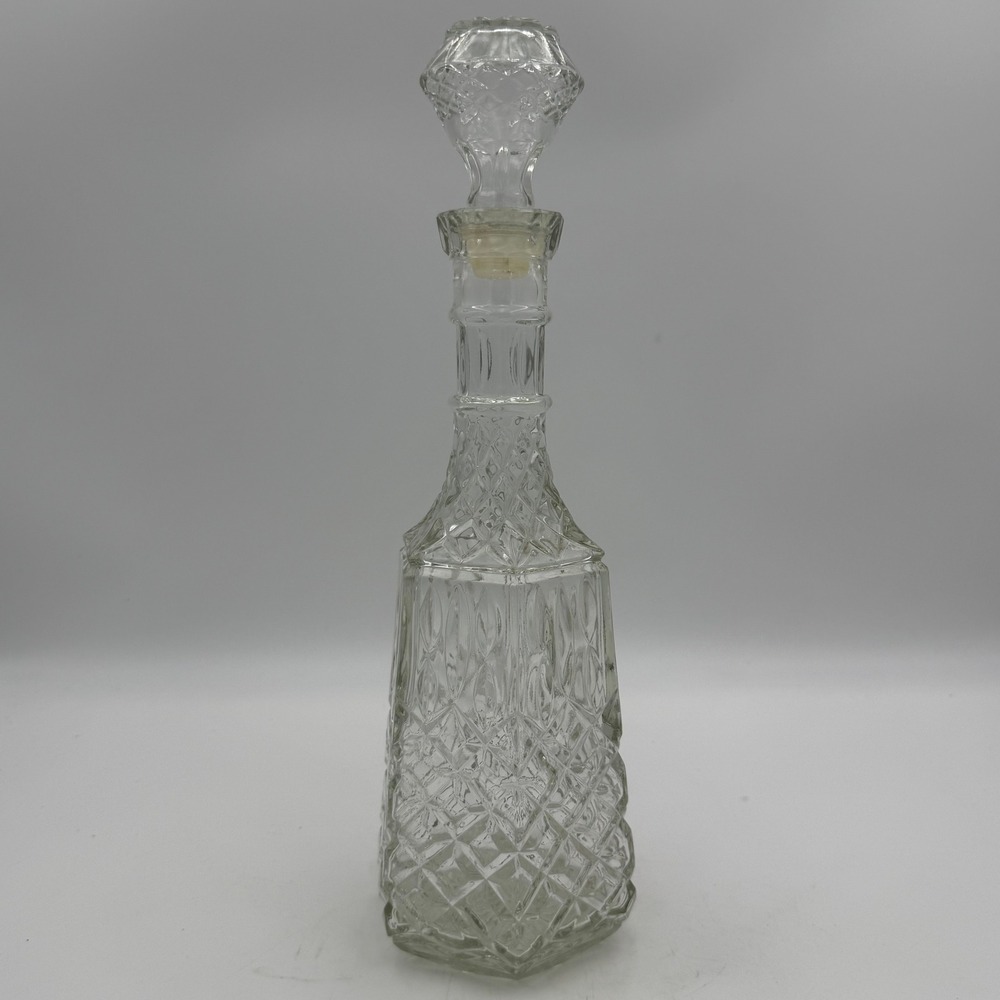 Vintage Clear Pressed Glass Liquor Decanter Diamond Point Thumbprint 13.5 inch